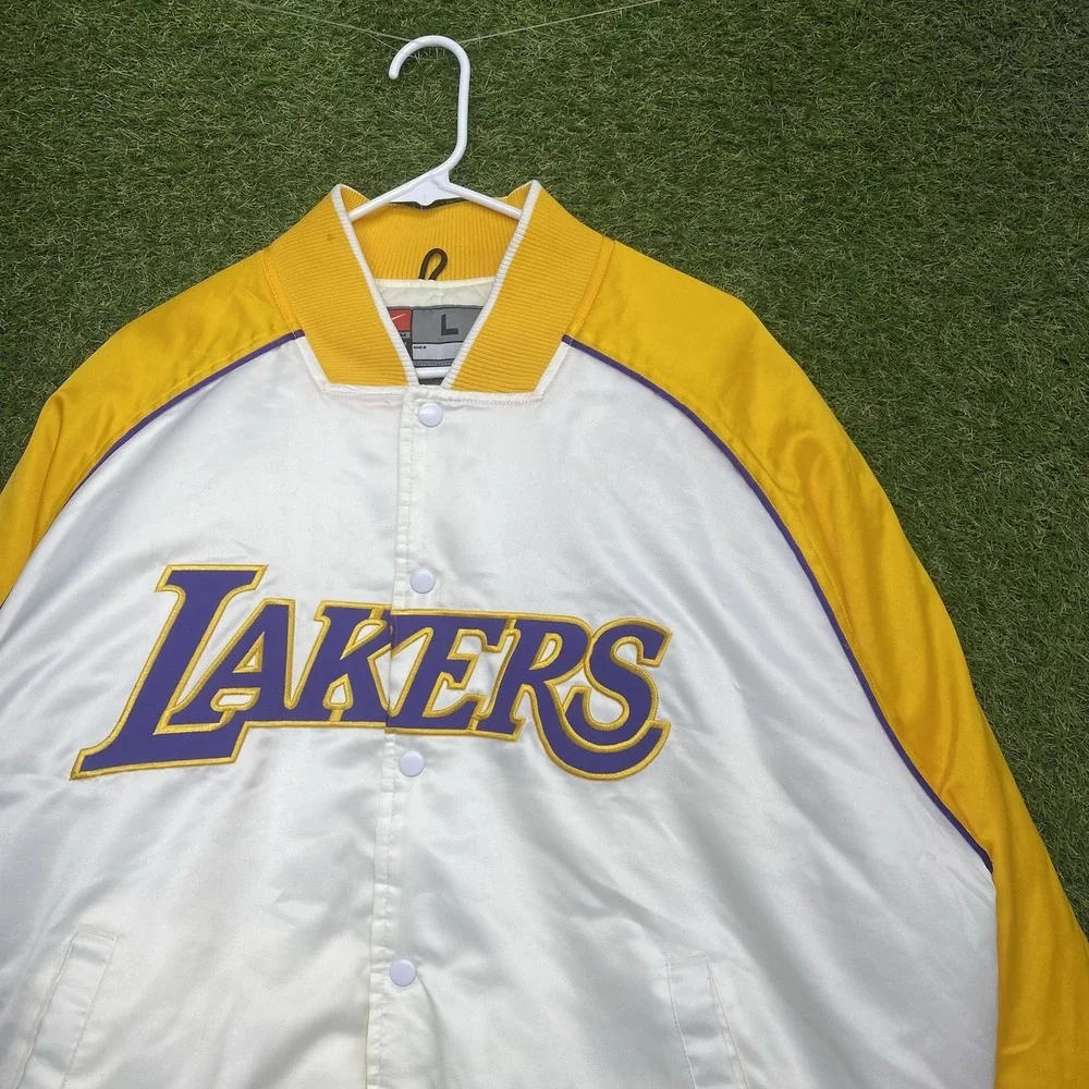 Vintage Los Angeles Lakers Nike Jacket Mens Large Satin White Gold Bomber NBA